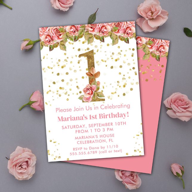 Pink Roses Floral 1st Birthday Party Invitation (Creator Uploaded)