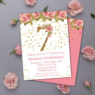 Pink Roses Floral 7th Birthday Party Invitation