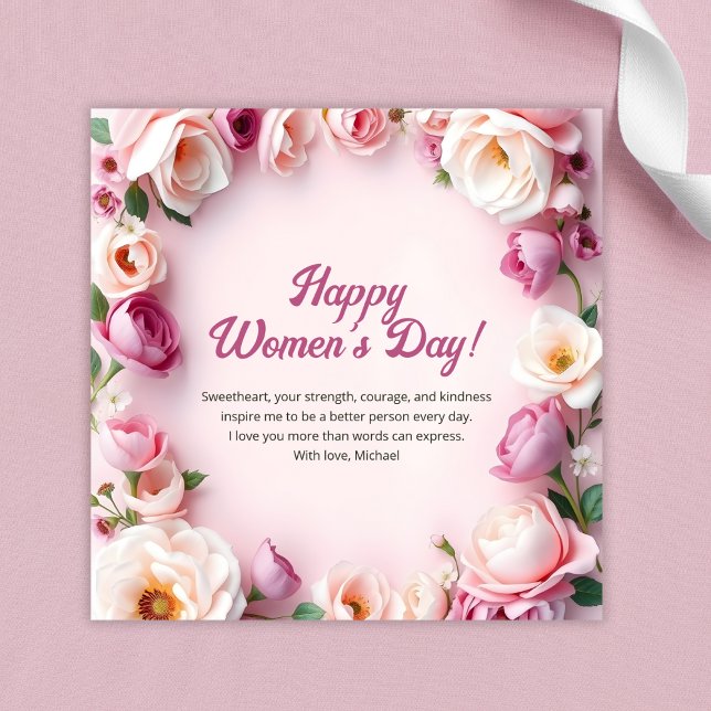 Pink Roses Floral 8 March International Women Day Holiday Card (Pink Roses Floral 8 March International Women Day Holiday Card Template)