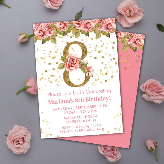 Pink Roses Floral 8th Birthday Party Invitation (Creator Uploaded)