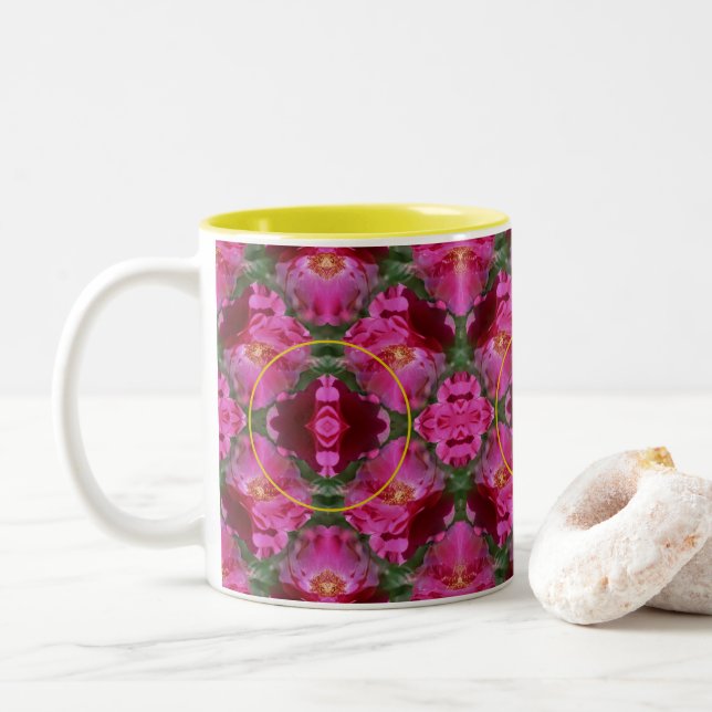 Pink Roses Floral Abstract Frame Add Your Photo    Two-Tone Coffee Mug (With Donut)