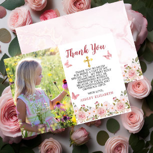 Pink Roses Floral and Butterflies First Communion  Thank You Card