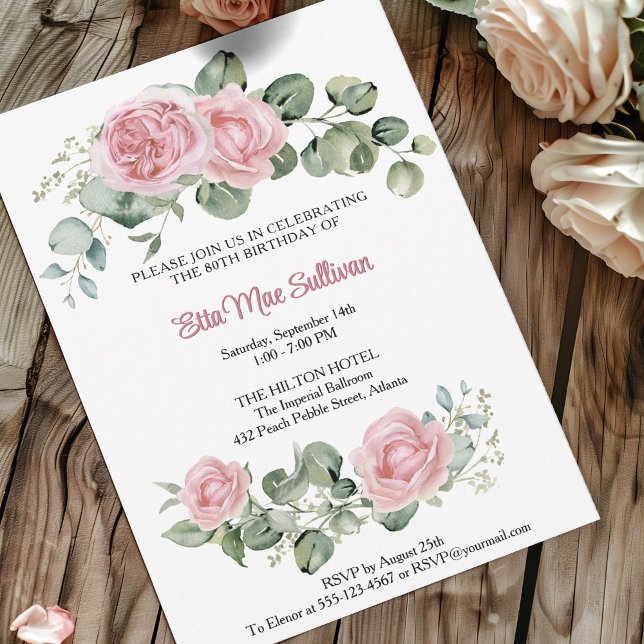 Pink roses floral and greenary 80th birthday invitation (Creator Uploaded)