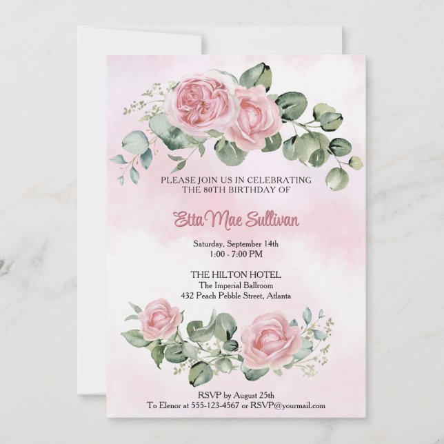 Pink roses floral and greenary 80th birthday invitation (Front)