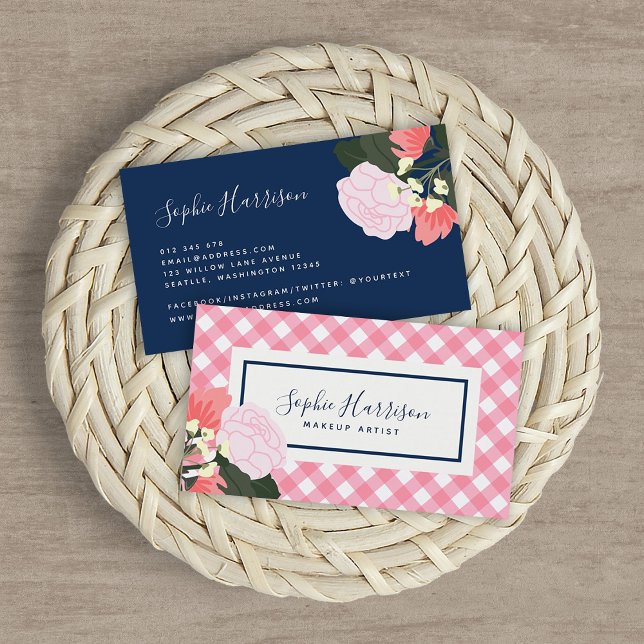 Pink Roses Floral and Pink Gingham Business Card (Creator Uploaded)
