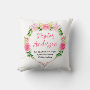 Pink Roses Floral Baby Birth Stats Cushion