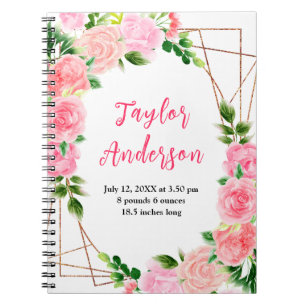 Pink Roses Floral Baby Birth Stats Notebook