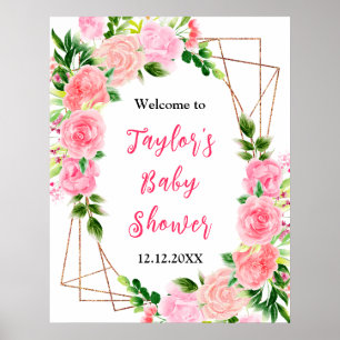 Pink Roses Floral Baby Shower Welcome Sign