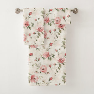 Pink Roses Floral Bath Towel Set