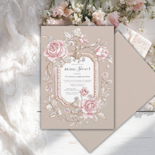 Pink Roses Floral Beige Vintage Bridal Shower Invitation