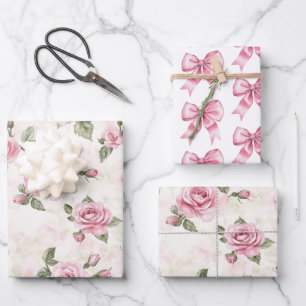 Pink Roses Floral Birthday Wrapping Paper Sheet