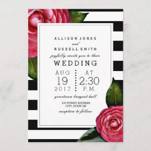 Pink Roses Floral Black + White Stripe Wedding Invitation