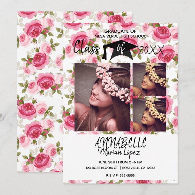 Pink Roses Floral Blooms Graduation Party 3 Photo Invitation (Front/Back)