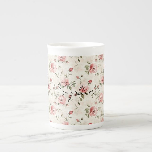 Pink Roses Floral  Bone China Mug (Front)
