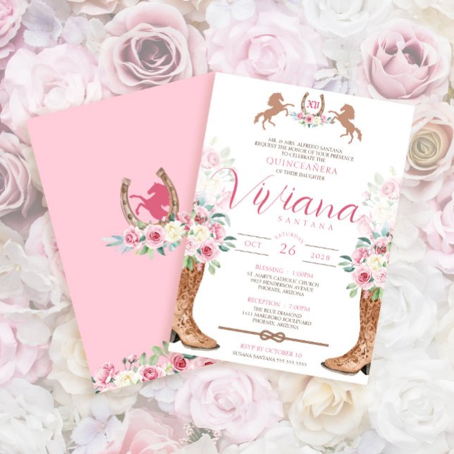 Pink Roses Floral Boots Western Charra Quinceanera Invitation (Creator Uploaded)