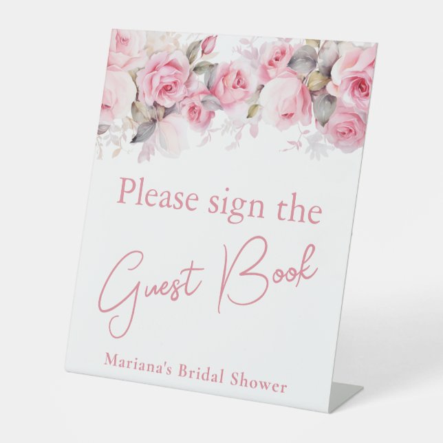 Pink Roses Floral Bridal Shower Guest Book Table Pedestal Sign (Front)
