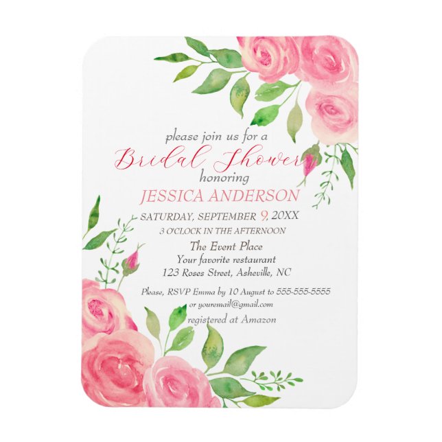 Pink Roses Floral Bridal Shower Invitation Magnet (Vertical)