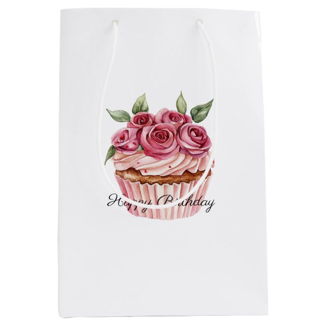 Pink Roses Floral Cupcakes Birthday Medium Gift Bag (Front)