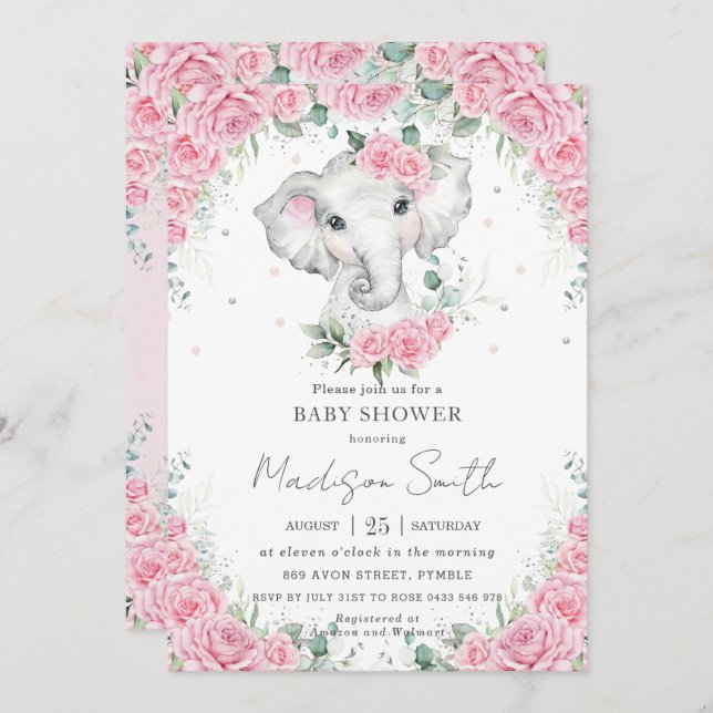 Pink Roses Floral Cute Elephant Baby Shower Invitation (Front/Back)