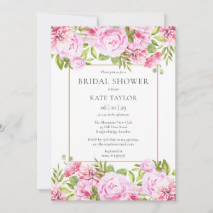 Pink Roses Floral Elegant Gold Bridal Shower Invitation