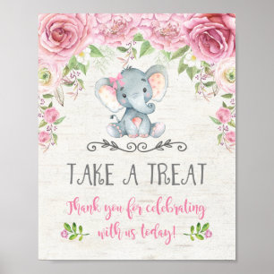 Pink Roses Floral Elephant Favours Sign Treat Sign