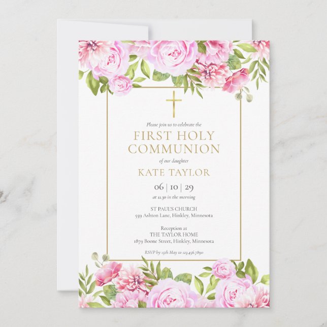 Pink Roses Floral First Holy Communion Invitation (Front)