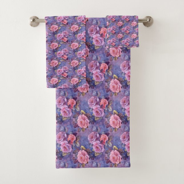 Pink Roses Floral Flowers Bath Towel Set (Insitu)