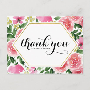 Pink Roses Floral Frame Wedding Thank You Postcard