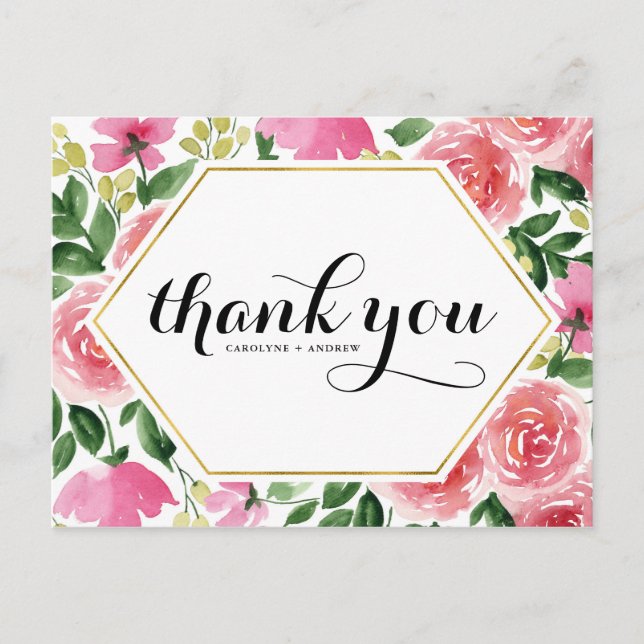 Pink Roses Floral Frame Wedding Thank You Postcard (Front)