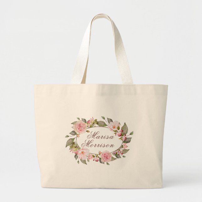 Pink Roses Floral Frame With Name Large Tote Bag (Front)