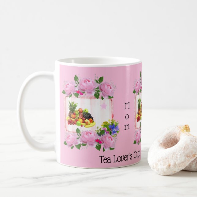 Pink Roses Floral Fruit Tea Lover's Cup Mug (With Donut)