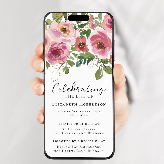 Pink Roses Floral Funeral Digital Evite Invitation (Creator Uploaded)