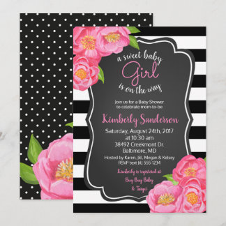 Pink Roses Floral Girl Black and White Baby Shower Invitation