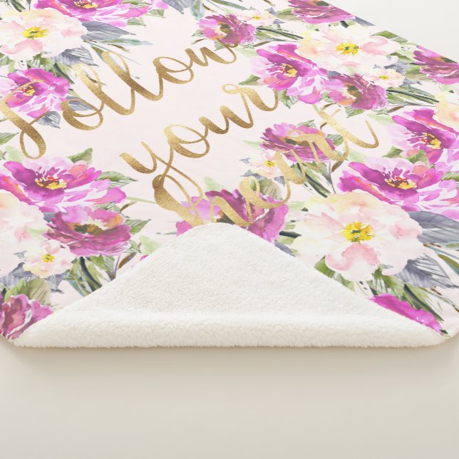 Pink Roses Floral Gold Follow Your Heart Sherpa Blanket (3/4)