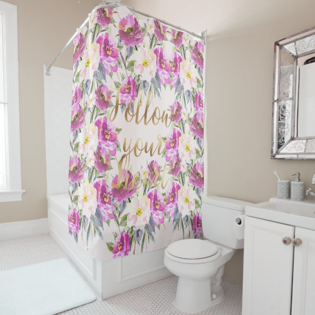 Pink Roses Floral Gold Follow Your Heart Shower Curtain (In Situ)