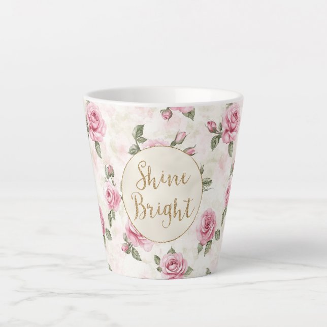 Pink Roses Floral Gold Glitter Shine Bright Latte Mug (Front)