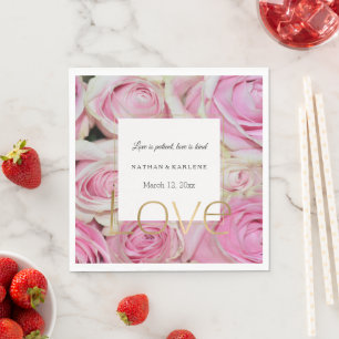 Pink Roses Floral Gold Love Wedding  Napkin