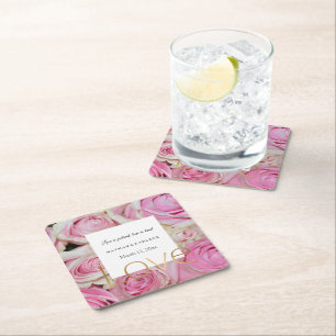 Pink Roses Floral Gold Love Wedding Square Paper Coaster