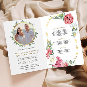 Pink Roses Floral Gold Photo QR Code Wedding Invitation