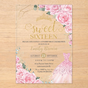 Pink Roses Floral Gold Princess Dress Sweet 16 Acrylic Invitations