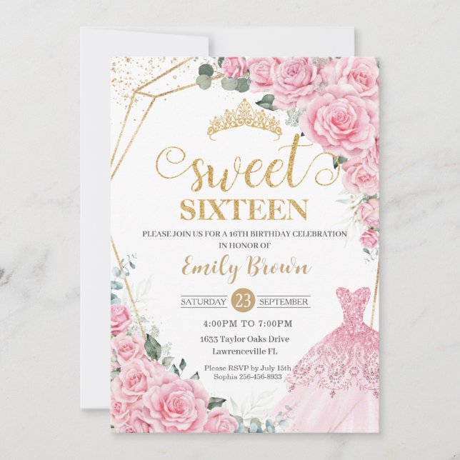 Pink Roses Floral Gold Princess Dress Sweet 16 Invitation (Front)