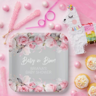 Pink Roses Floral Gray Girl Baby Shower Paper Plate
