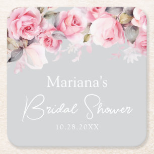 Pink Roses Floral Gray Square Paper Coaster
