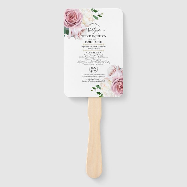 Pink Roses Floral Greenery Minimal Modern Wedding Hand Fan (Front)