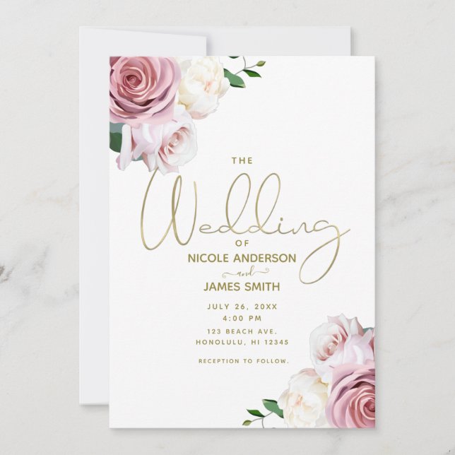 Pink Roses Floral Greenery Minimal Modern Wedding Invitation (Front)