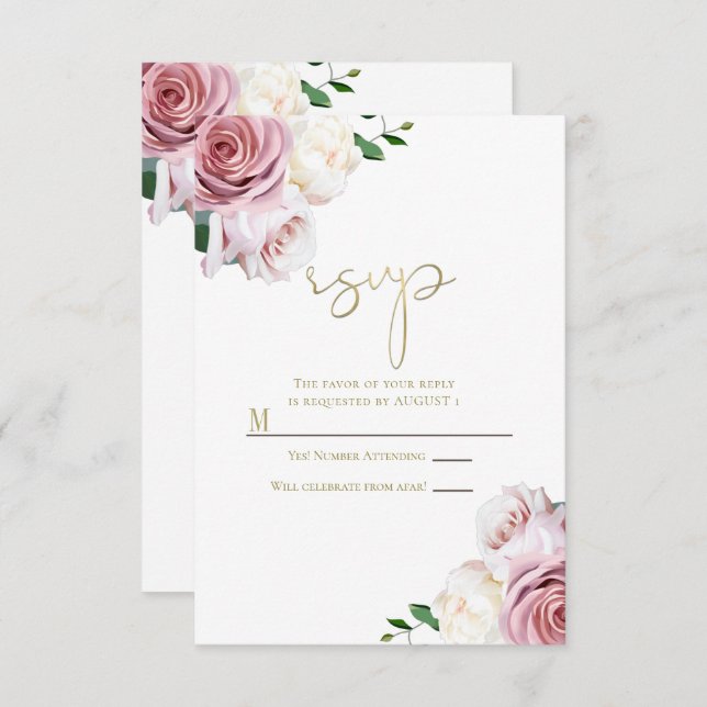Pink Roses Floral Greenery Modern Wedding RSVP Invitation (Front/Back)