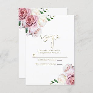 Pink Roses Floral Greenery Modern Wedding RSVP Invitation