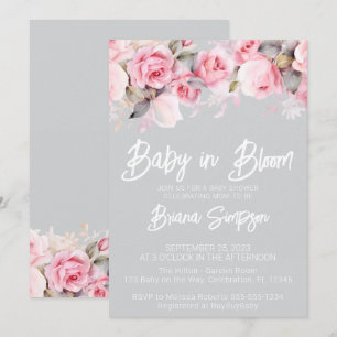 Pink Roses Floral Grey Girl Baby Shower Invitation