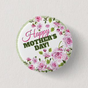 Pink Roses Floral Happy Mother's Day 3 Cm Round Badge