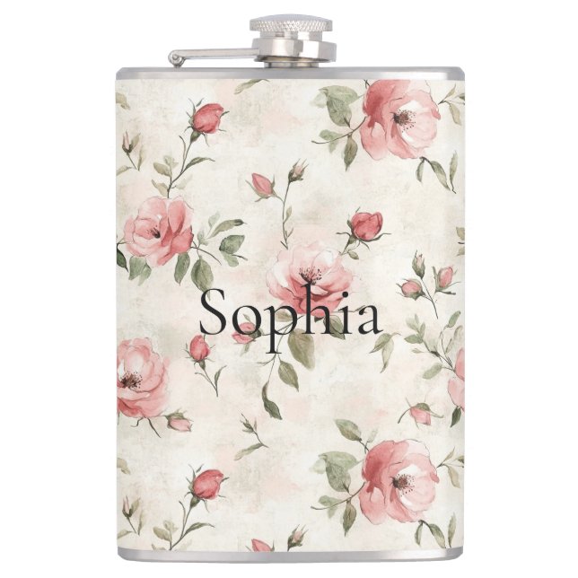 Pink Roses Floral  Hip Flask (Front)